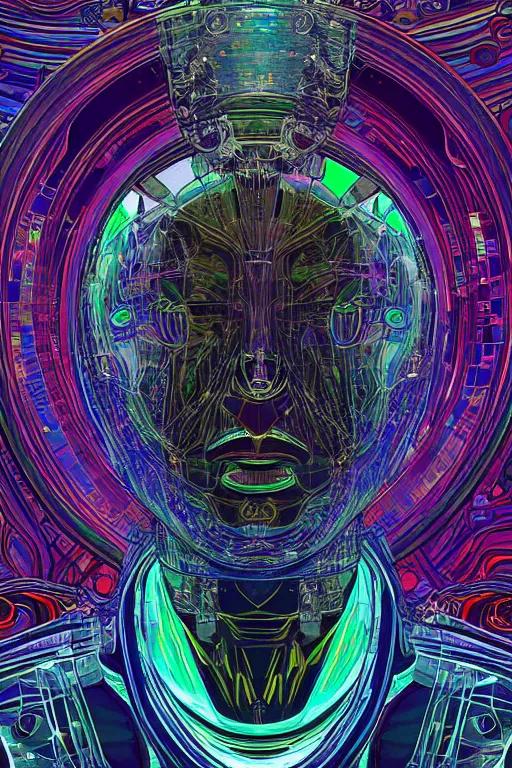 Prompt: A portrait of Thom Yorke as a cyberpunk android, iridescent highlights, surrounded by digital swirls, highly detailed, intricate, soft, sci-fi, sharp focus, subsurface scattering, art by Moebius, Alphonse Mucha