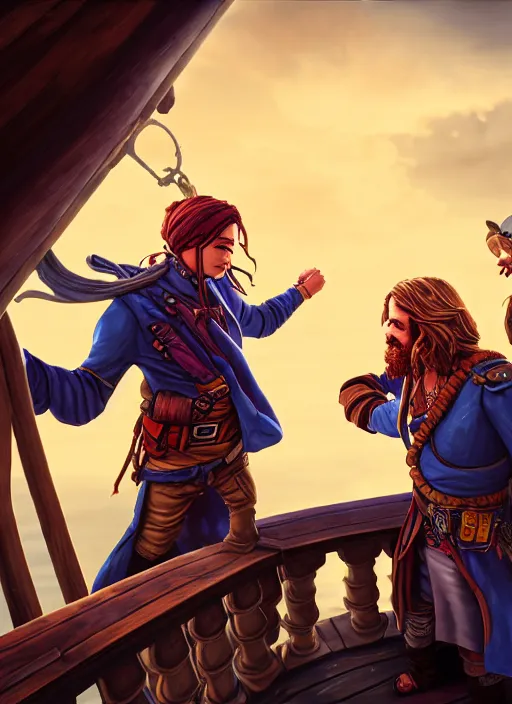 Image similar to an epic fantasy comic book style portrait painting of two bumbling idiot sky - pirates on the deck of a skyship looking at a chest, unreal 5, daz, hyperrealistic, octane render, cosplay, rpg portrait, dynamic lighting