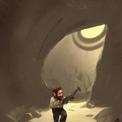 Prompt: a bearded man emerges from his bunker, digital art, artgerm