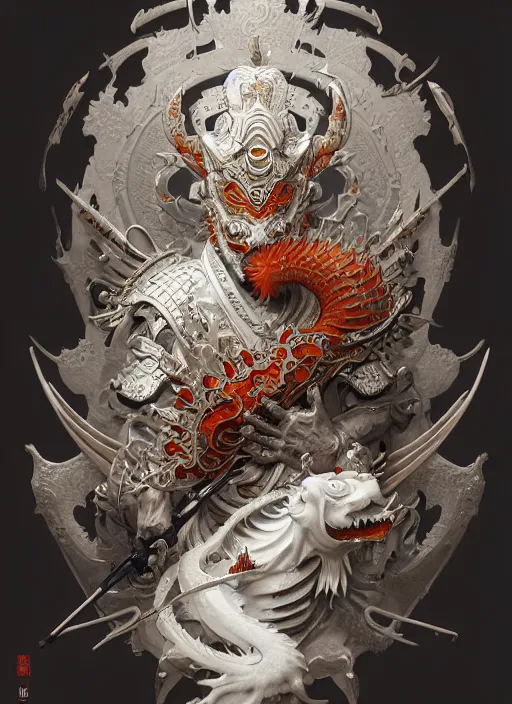 Prompt: subsurface scattering, white, koi, samurai deity with filigree ivory armor, by jesper ejsing, james jean, justin gerard, tomasz alen kopera, cgsociety and fenghua zhong, highly detailed, rim light, cinematic lighting, illustration, art, octane render, very coherent, cinematic, hyper realism, high detail, 8 k