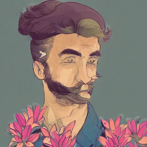 Prompt: a man with a moustache standing in front of flowers, a character portrait by jack smith, tumblr contest winner, aestheticism, masculine, aesthetic, ilya kuvshinov