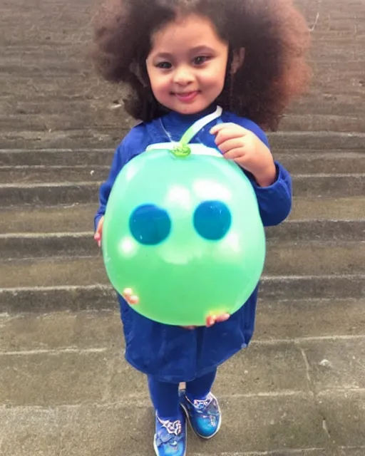 Image similar to child holding a balloon tardigrade on a string. helium balloon in the shape of a cute tardigrade.