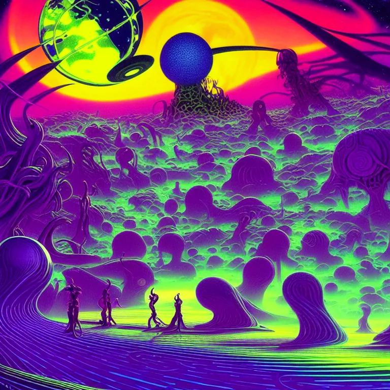 Image similar to beautiful aliens at cosmic beach, infinite waves, synthwave, bright neon colors, highly detailed, cinematic, tim white, roger dean, michael whelan, vladimir kush, jim burns, bob eggleton, philippe druillet, kubrick, aubrey beardsley, alfred kelsner, boris vallejo