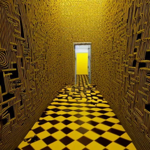 Prompt: a maze like room with yellow wallpaper and wet carpet