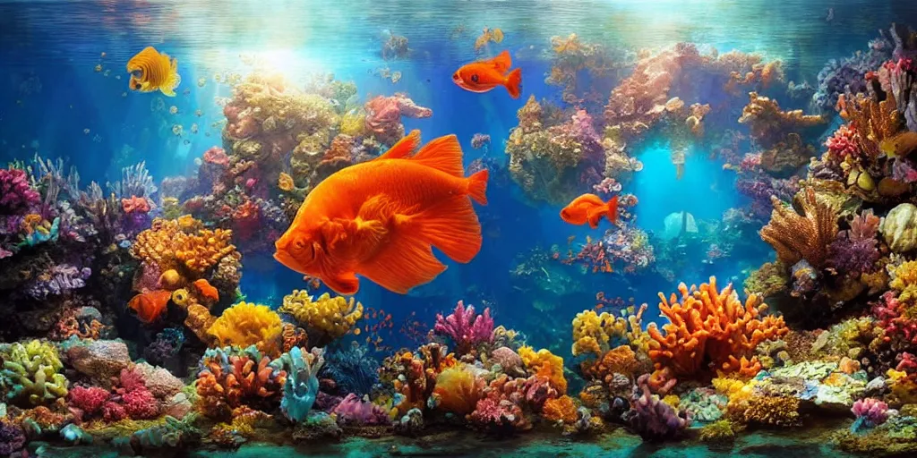 Image similar to beautiful underwater scene. an ancient ship sunk in the abyss very shiny water. colorful fish. seahorse. goldfish. coral, water flowers. beautiful lighting, 4 k post - processing, highly detailed, 5 k extremely detailed, 3 d. sun is highlighting the bubbles. render in octane and cryengine. painterly detailed matte painting, by albert bierstadt