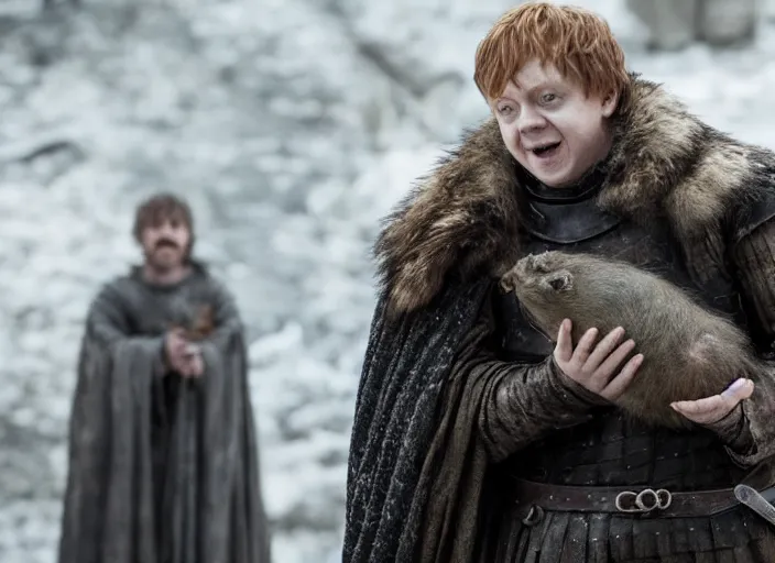 Prompt: rupert grint as thehnellor in game of thrones, holding his large fat rat, live action film, cinematic photo, clear hd image