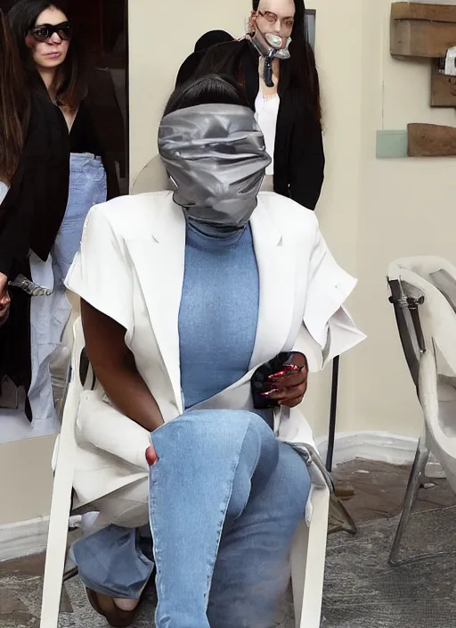 Prompt: a film still of kim kardashian binded to a chair, mouth taped, hands cuffed, outfit : jeans and white vest