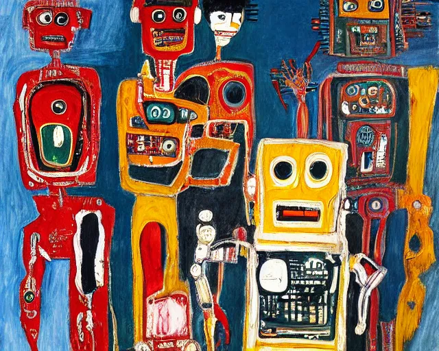 Prompt: a painting of a robot family portrait by graham sutherland, egon schiele, basquiat, expressionism