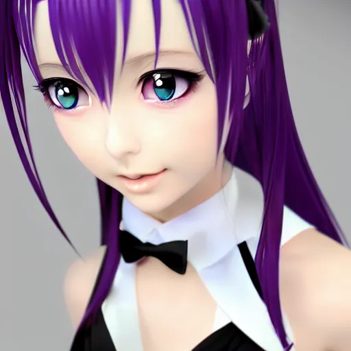 Prompt: nymph render of a beautiful 3d anime girl, full body, wearing white cravat and black tuxedo coat, medium black hair, purple eyes, conductor, full round face, interior lighting, medium shot, mid-shot, highly detailed, trending on Artstation, Unreal Engine 4k