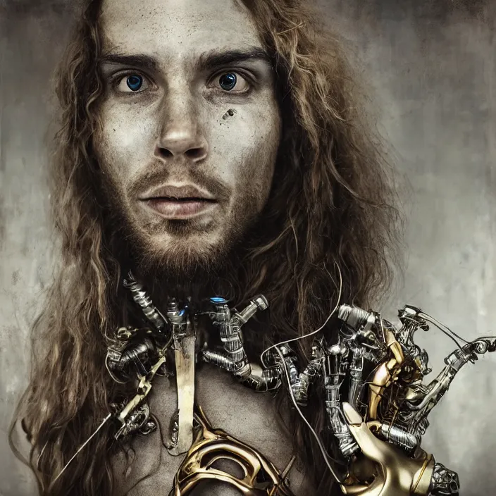 Prompt: long haired hippie cyborg with rastacap, photorealism, white detail plastic biomechanical with gold, copper, bronze, chrome by lee jeffries, erik johansson, supersampled, 8 k, beautify