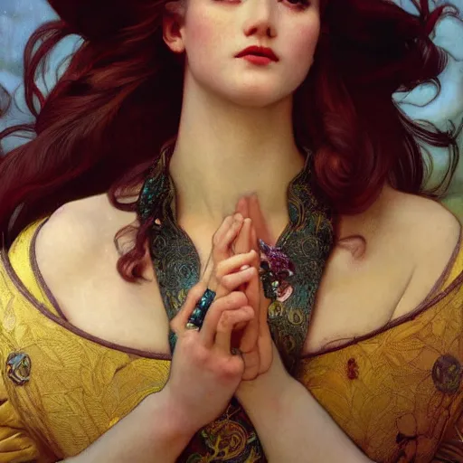 Image similar to closeup portrait fashion photo of divine beauty, beautiful detail and color, art by john collier and albert aublet and krenz cushart and artem demura and alphonse mucha, volumetric lighting, octane render, 4 k resolution, matte, sharp focus, illustration, art by jacque - louis david, baroque style