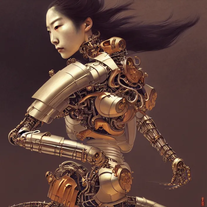 Image similar to japanese cyborg, Japanese samurai, diffuse lighting, fantasy, intricate, elegant, highly detailed, lifelike, photorealistic, digital painting, artstation, illustration, concept art, smooth, sharp focus, art by John Collier and Albert Aublet and Krenz Cushart and Artem Demura and Alphonse Mucha