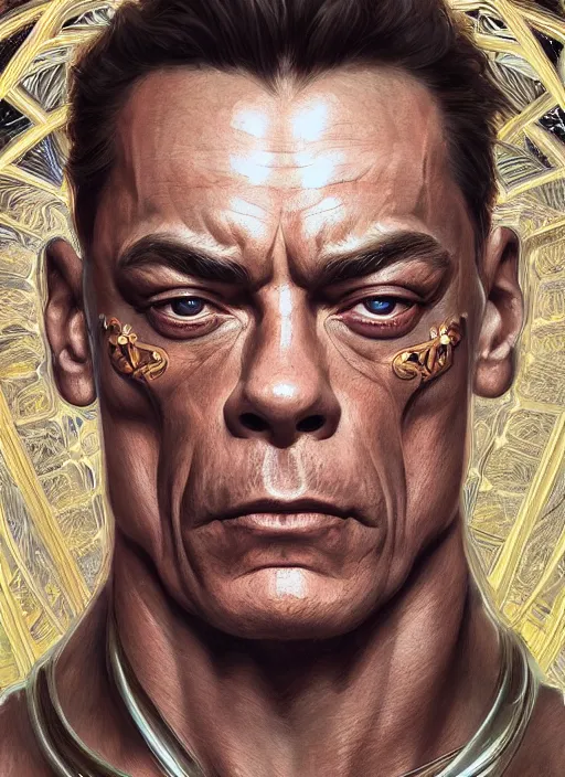 Image similar to symmetry!! jean claude van damme, machine parts embedded into face, intricate, elegant, highly detailed, digital painting, artstation, concept art, smooth, sharp focus, illustration, art by artgerm and greg rutkowski and alphonse mucha, 8 k