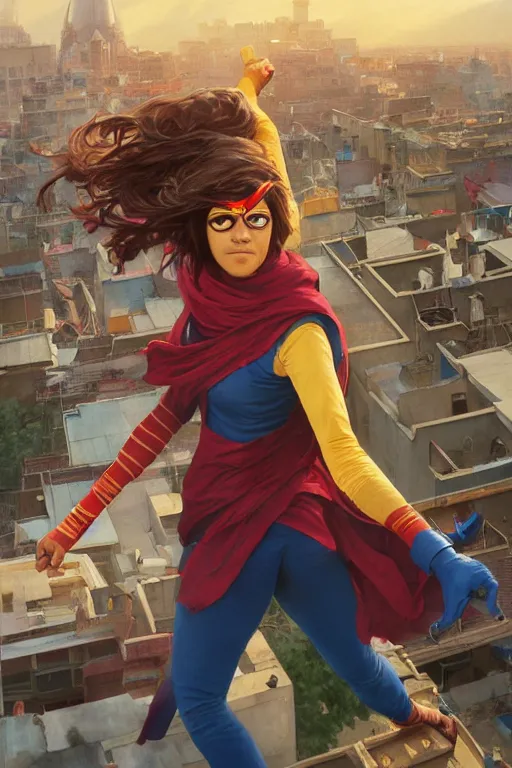 Prompt: A dynamic shot of Kamala Khan on a rooftop. MCU. masterpiece 4k digital illustration by Ruan Jia and Mandy Jurgens and Artgerm and greg rutkowski and Alexander Tsaruk and WLOP and william-adolphe bouguereau, award winning, Artstation, art nouveau aesthetic, Alphonse Mucha background, intricate details, realistic, panoramic view, Hyperdetailed, 8k resolution, intricate art nouveau