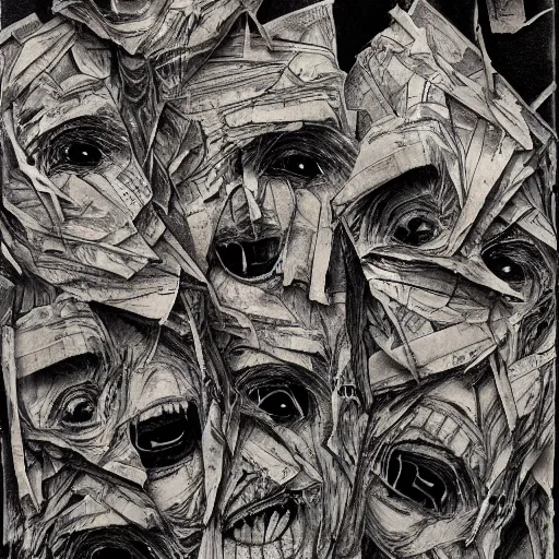 Prompt: multiple faces shredded like paper news screaming, dark horror, surreal, drawing, painting,