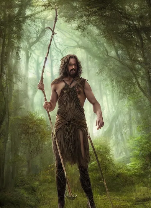 Image similar to a relaxed male middle aged druid in a sleeveless west, short brown hair, stringy, wielding a long staff which is covered in moss, full body, 8 k, hyperrealistic, hyperdetailed, fantasy portrait by laura sava