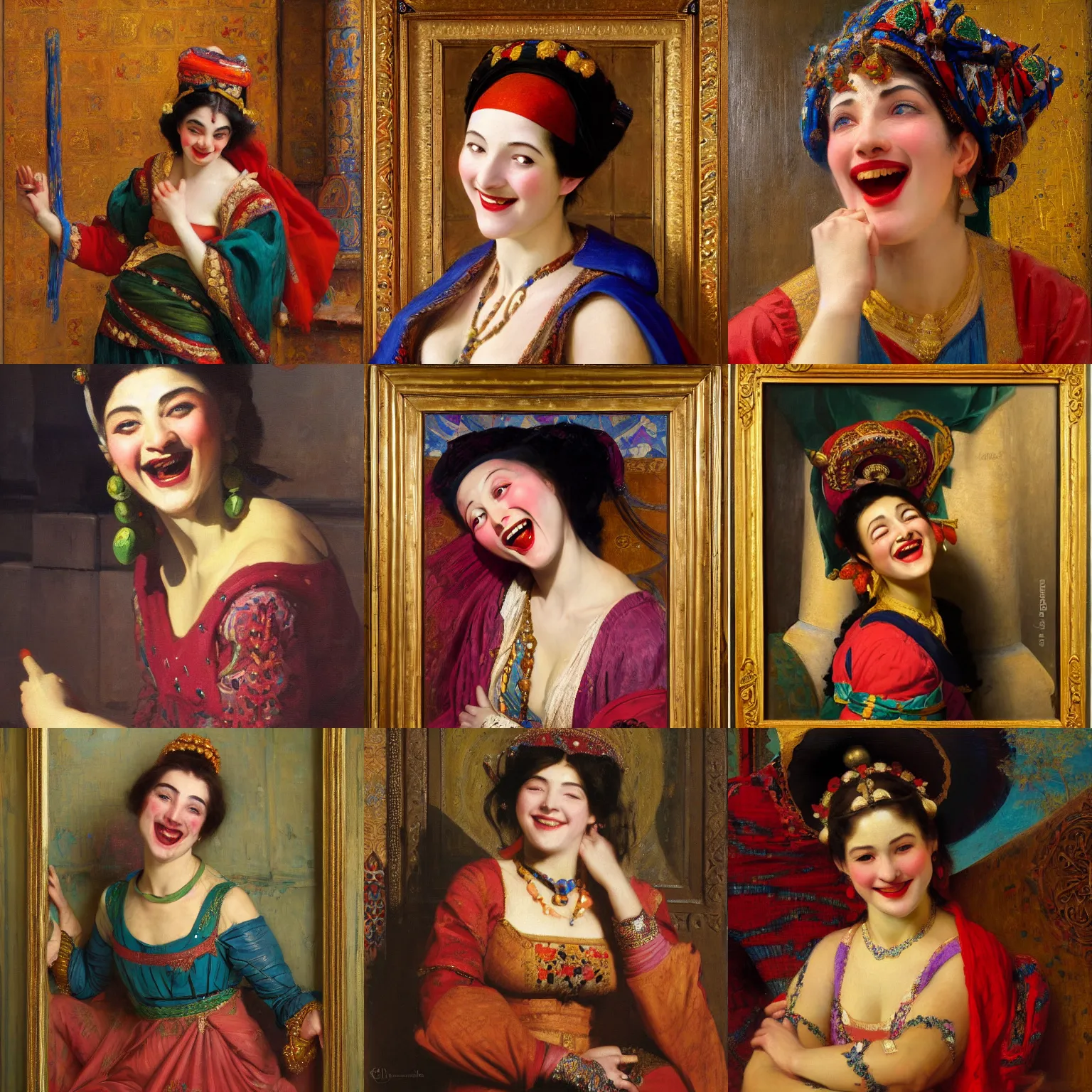 Prompt: orientalism painting of a laughing beautiful female jester by edwin longsden long and theodore ralli and nasreddine dinet and adam styka, masterful intricate art. oil on canvas, excellent lighting, high detail 8 k
