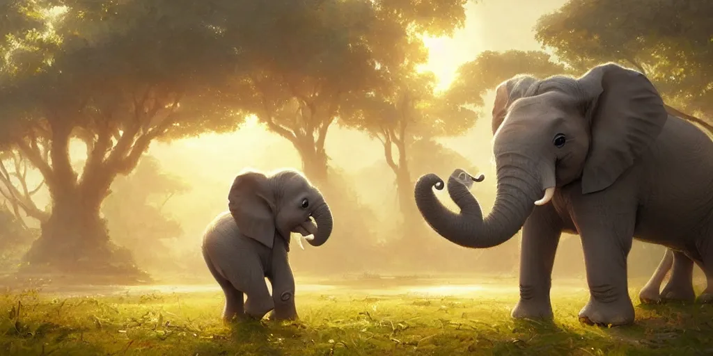 Prompt: a wholesome cute baby elephant in the morning light studio ghibli, pixar and disney animation, sharp, anime key art by greg rutkowski, by craig mullins, bloom, back lighting