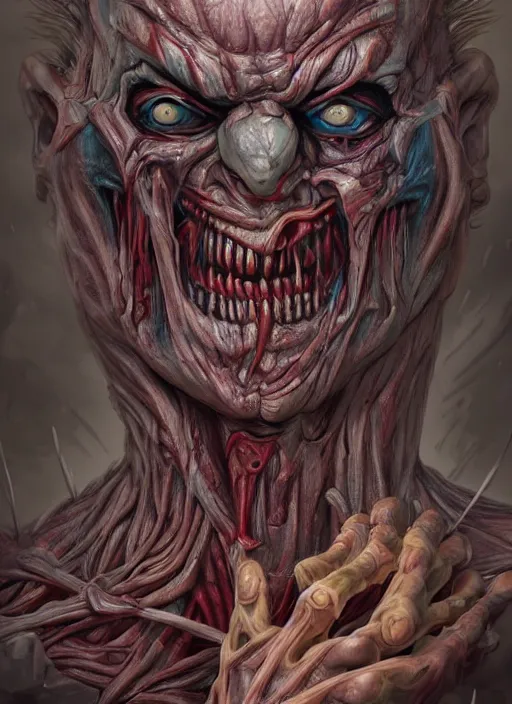 Image similar to evil horror clown, monster anatomy, ross tran, vivid colors, anatomical, highly detailed sculpture, intricate detailed, ommatidia, 8 k, cinematic atmosphere, post - processing