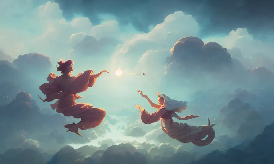 Prompt: happiness and friendship, floating high in the clouds, by peter mohrbacher, victo ngai, greg rutkowski, artgerm, volumetric lighting, intricate, environmental lighting, 4 k