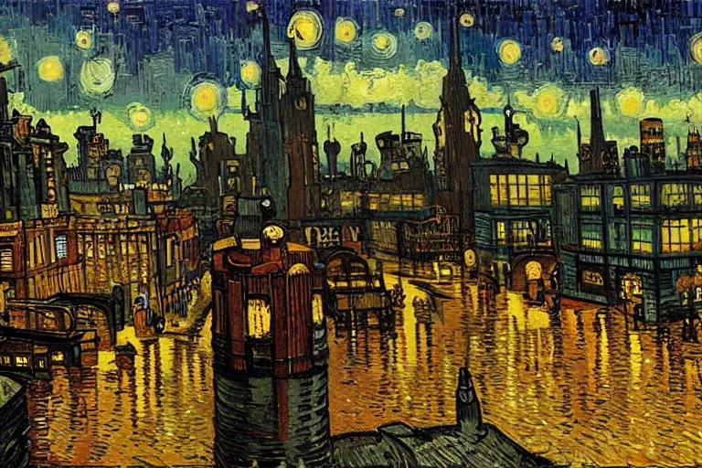 Prompt: dieselpunk city in the style of vincent van gogh