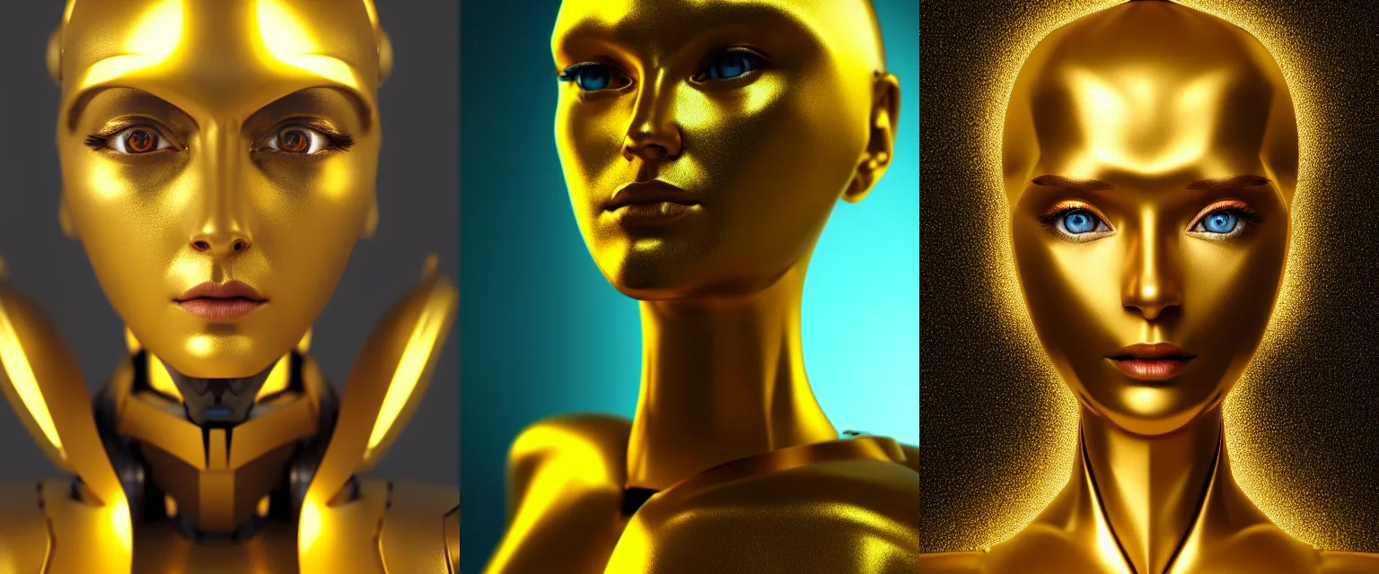 Prompt: maria of metropolis, a golden humanoid robot, beautiful face, full length portrait, scifi, futuristic, raytracing, yellow neon cyborg eyes, sharp focus, cinematic lighting, highly detailed, artstation, divine, by fritz lang, gauthier leblanc