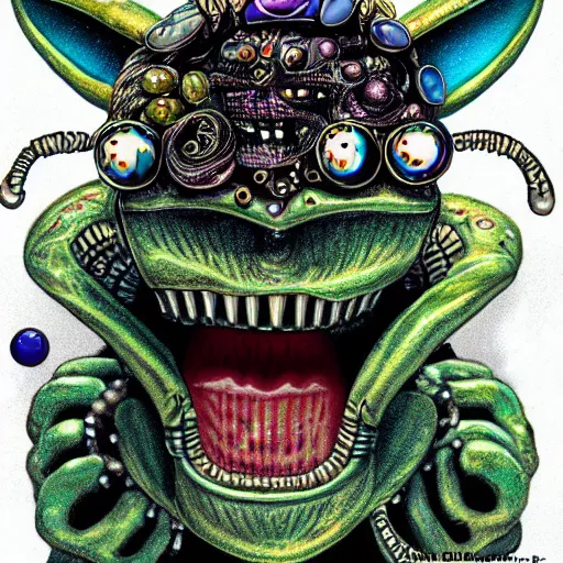 Image similar to alien with jewels for eyes, on exotic dreamy planet, jim henson creature shop, heavy metal magazine, illustration, mike mignogna