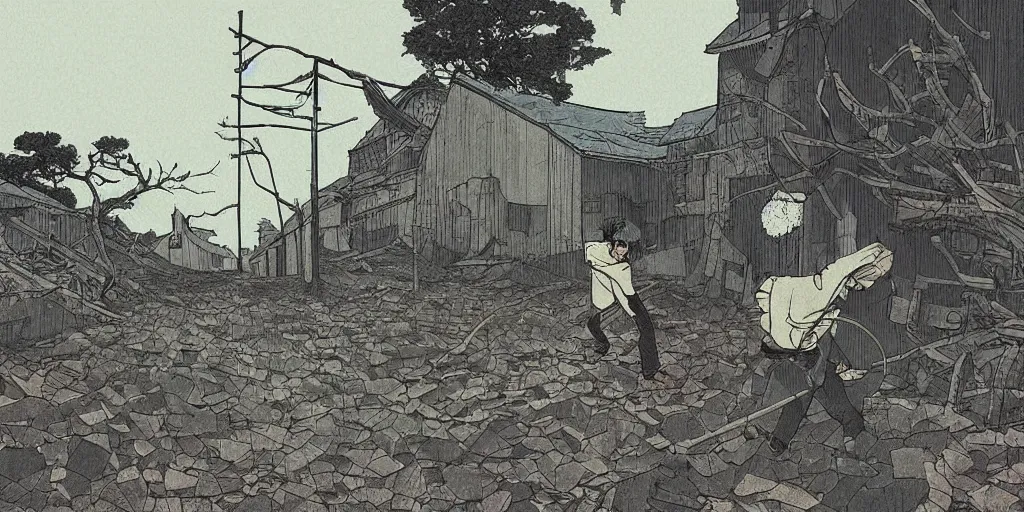 Image similar to japanese illustration of an apocalyptic scene, a man sneaking through an abandoned rural modern village, stephen king atmosphere, 1 9 8 0 s japanese illustrator art, masterpiece