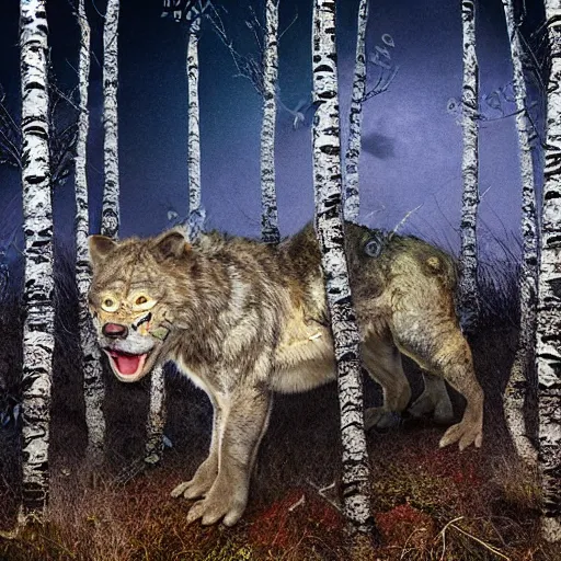 Prompt: Furred chimera with crocodile's body and a wolve's head, set within a birch tree swamp, illuminated by full moon, professional photoshop artwork, highly detailed