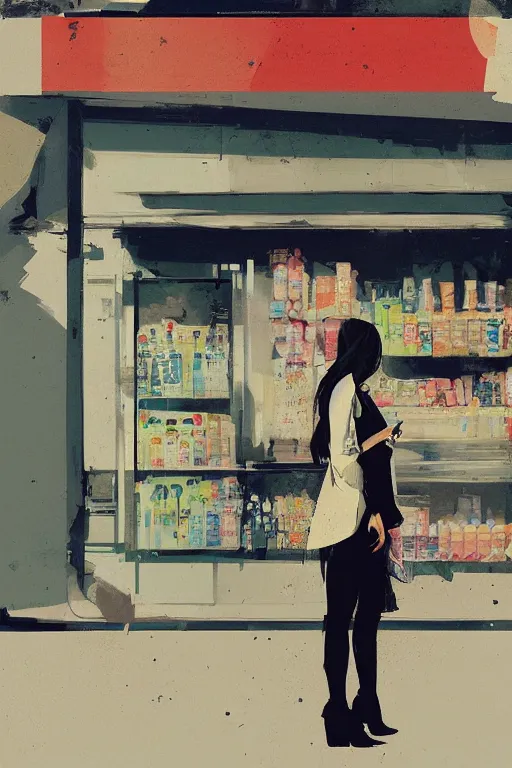 Image similar to a portrait of a stylish woman standing in front of a convenience store by Ismail Inceoglu