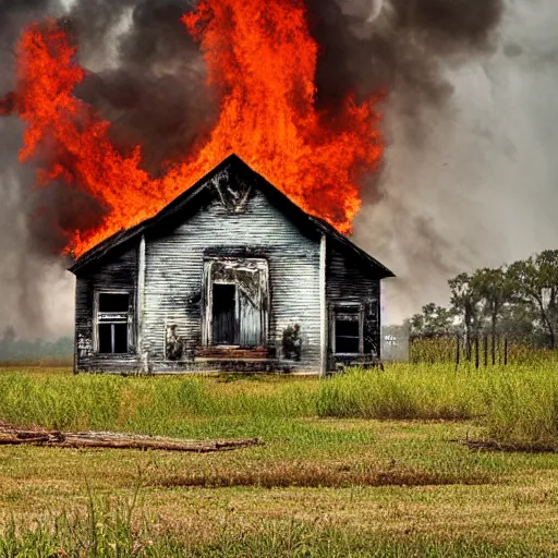 Image similar to a burning old wooden white church, in a bayou, louisiana, southern gothic, painted by greg ratwoski