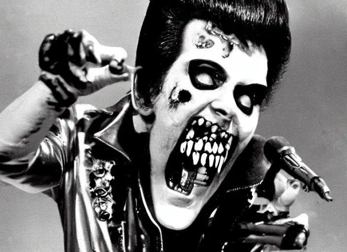 Image similar to Creepy found footage of zombie Elvis performing on stage in an empty stadium