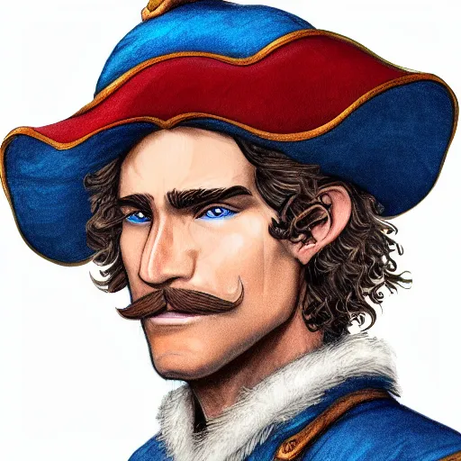 Prompt: Clean Shaven Caucasian European Man with blue eyes and brown curly mustache wearing a red musketeer hat with a single feather on it. D&D Character Head and Shoulders Portrait. EPIC RPG Digital Artwork. 4K. Detailed Drawing. MtG Artwork. Trending on Artstation.