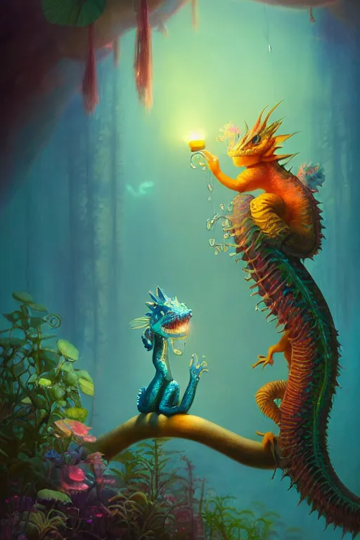 Image similar to a surreal Bioluminescent, very very very cute Water Dragon in a happy world by Daniel Merriam, Trending on Artstation, oil on Canvas by Elena Zhurikhina and Goro Fujita and Charlie Bowater, octane render, 4k, 8k, HD