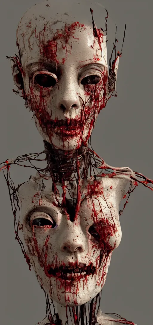 Prompt: old rotting mannequin staring at center of screen with wide bloodshot eyes, horror art, body horror, disturbing, intense, artstation, dramatic, scary, 4K, realistic,