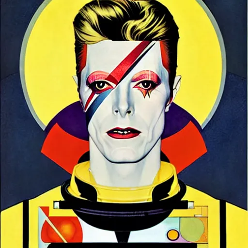 Prompt: Art by Coles Phillips, David Bowie as Space Commander Zeta from the Year 3000, Mucha, Kandinsky