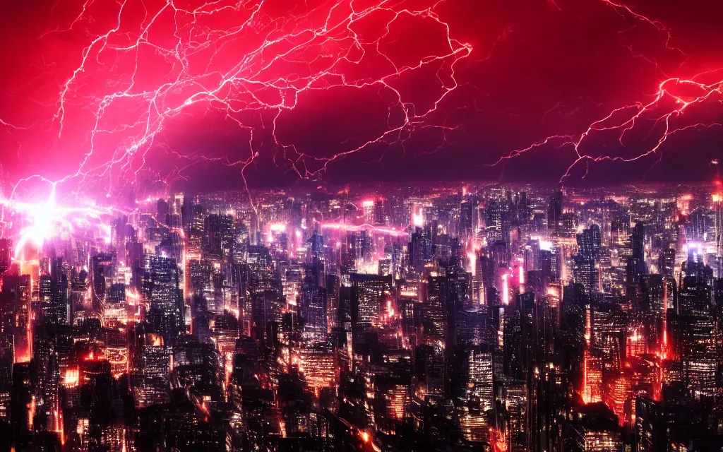 Prompt: An amazing metropolis with red lightning shooting through the sky. 4K HD Wallpaper. Premium Prints Available