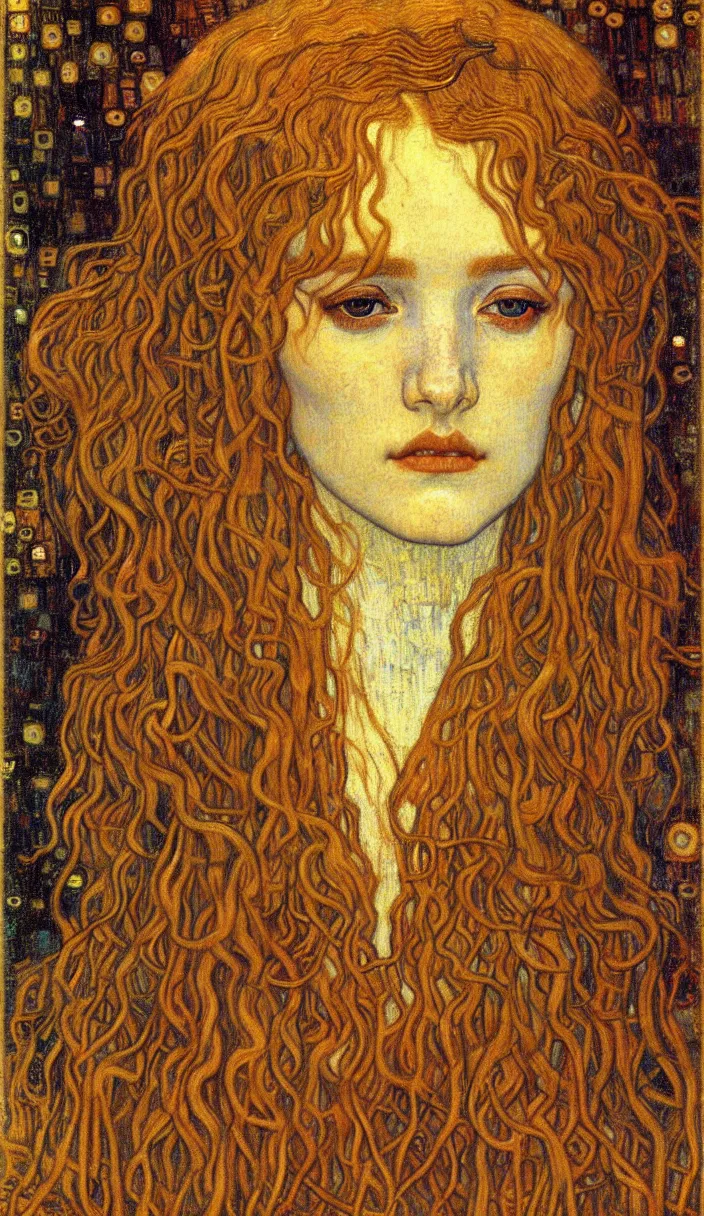 Image similar to detailed realistic beautiful young medieval queen face portrait by jean delville, gustav klimt and vincent van gogh, art nouveau, symbolist, visionary, gothic, pre - raphaelite, muted earthy colors, desaturated