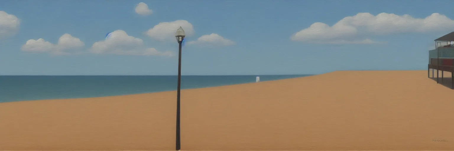 Prompt: beach front boardwalk oil painting magritte