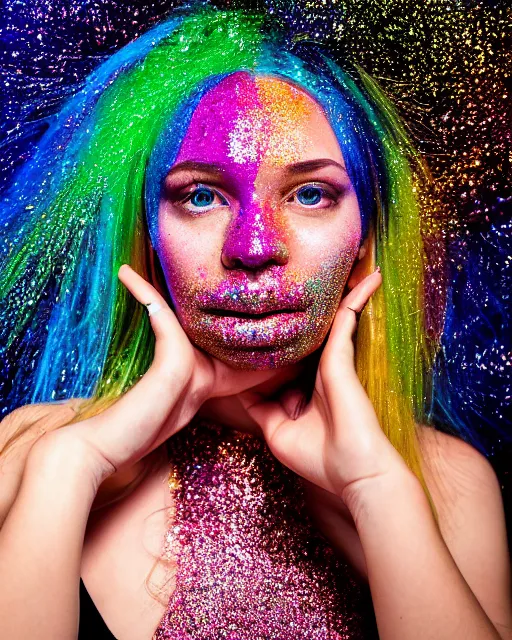 Image similar to incredible realistic vivid studio portrait, a huge glitter rainbow erupts from the mouth of the model, in the style of annie leibovitz, 8 k resolution, vsco film