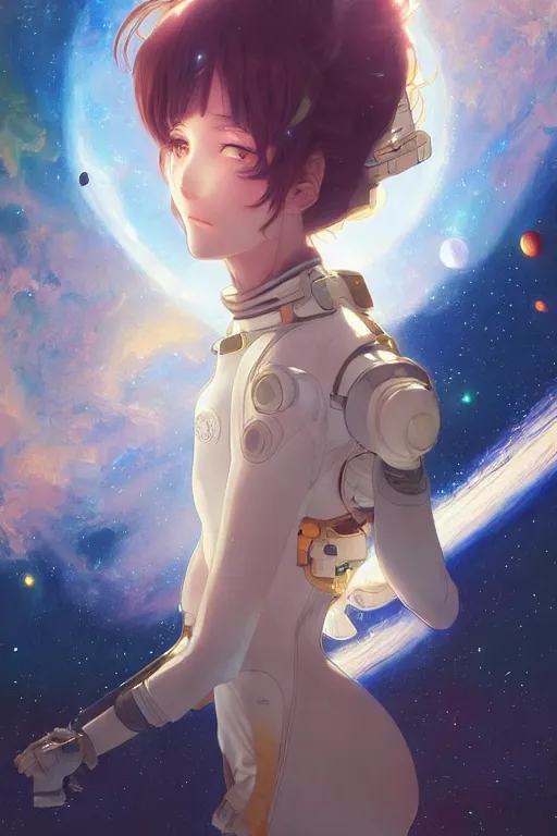 Image similar to an anime girl in a spacesuit in awe at the beauty of the universe, intricate, space, stunning, highly detailed, digital painting, artstation, smooth, hard focus, illustration, art by artgerm and greg rutkowski and alphonse mucha