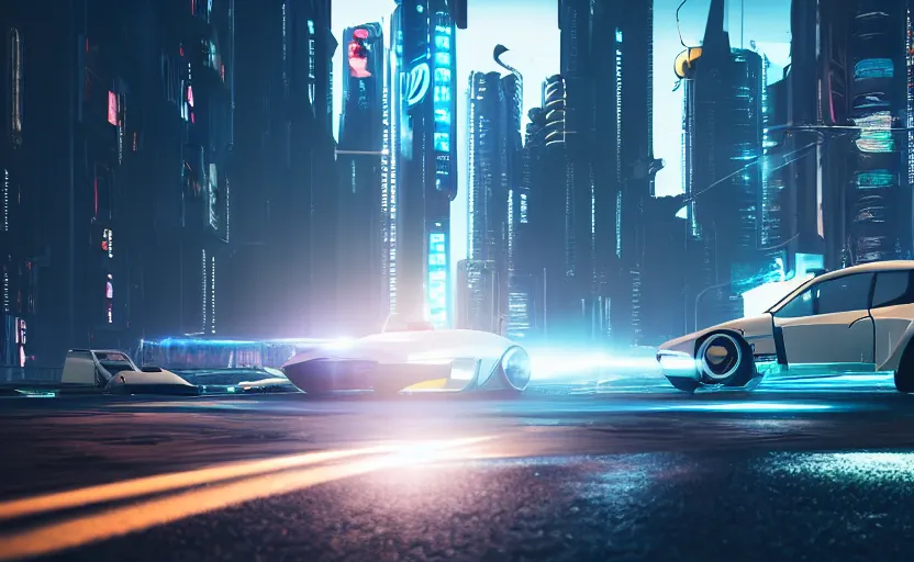 Prompt: photorealistic Hovering Cars on cyberpunk roads. daylight. sunlight. lens flare. light fixtures. 8K. detailed. photorealism. artstation. 25mm f/1.7 ASPH Lens. ultra realistic