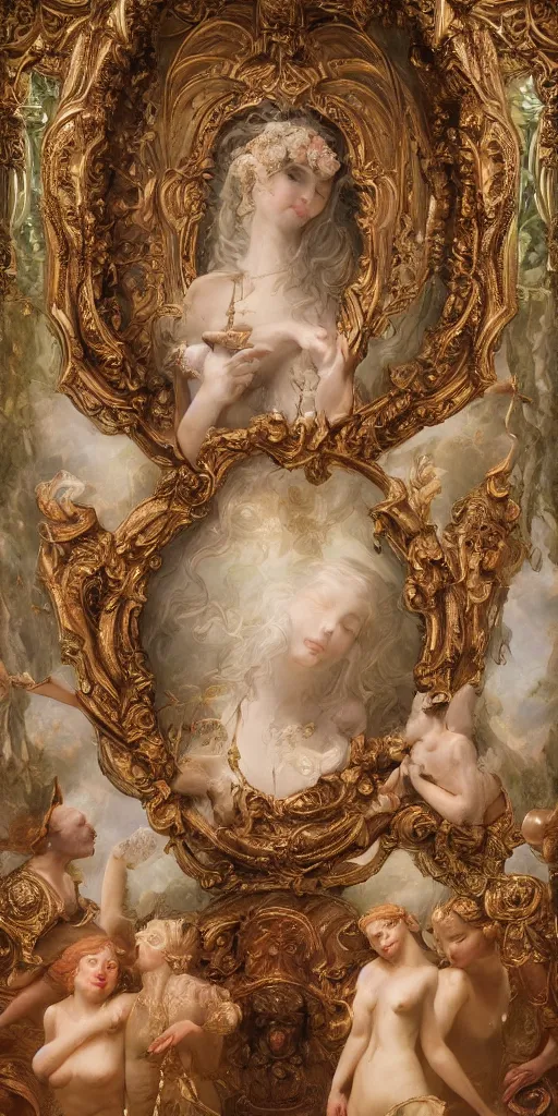 Image similar to a stunning and noble highly detailed romantic period style painting of the place where gods come into being by james jean, josep tapiro baro and harles sillem lidderdale, trending on artstation, oil painting masterpiece, symmetry, rule of thirds, mysterious