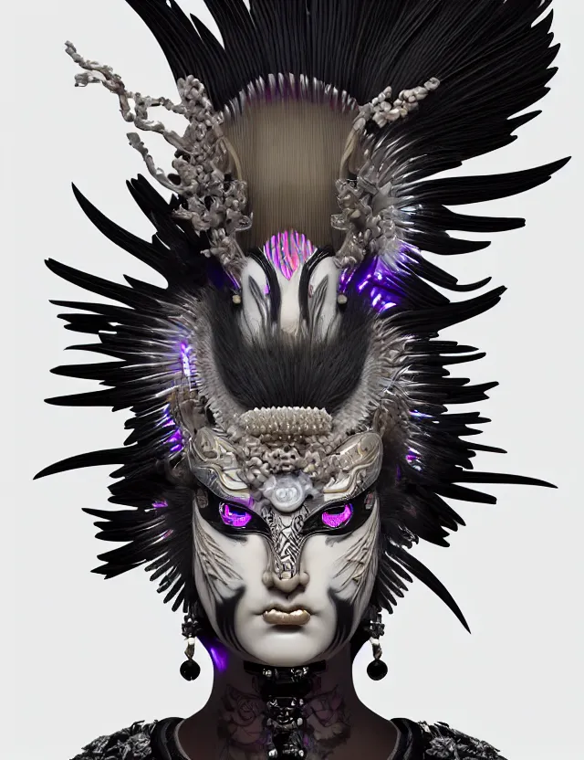 Image similar to 3 d goddess close - up profile portrait punk with mohawk with ram skull. beautiful intricately detailed japanese crow kitsune mask and clasical japanese kimono. betta fish, jellyfish phoenix, bio luminescent, plasma, ice, water, wind, creature, artwork by tooth wu and wlop and beeple and greg rutkowski