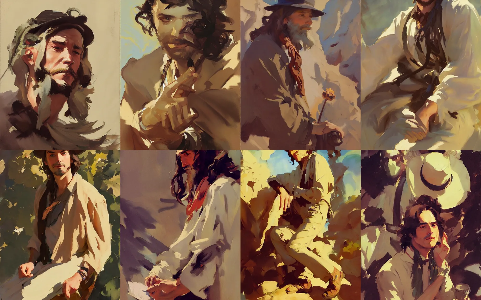 Image similar to portrait of vintage hippie men traveler greg manchess painting by sargent and leyendecker, studio ghibli, fantasy, medium shot, asymmetrical, intricate, elegant, matte painting, illustration, hearthstone, by greg rutkowski, by greg tocchini, by james gilleard, by joe fenton