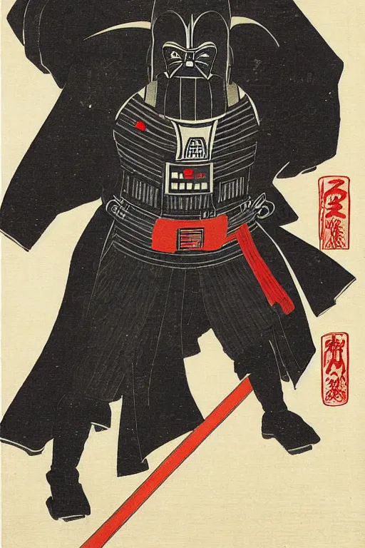 Prompt: Japanese woodblock print of Darth Vader holding a samurai sword, Hokusai