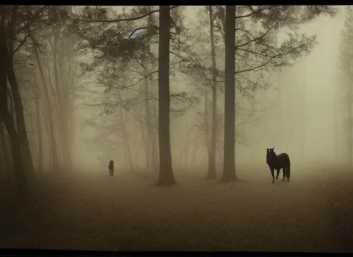 Prompt: medium shot, an evil horse is walking, woods, horror, fog, polaroid photo, vintage, neutral colors, by gregory crewdson,