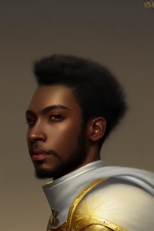 Image similar to a portrait of a black male prince, side profile, white cape, illustration, soft lighting, soft details, dark mood, painting oil on canvas by Edmund Blair Leighton and Charlie Bowater octane render trending on artstation d&d characters, 4k, 8k, HD