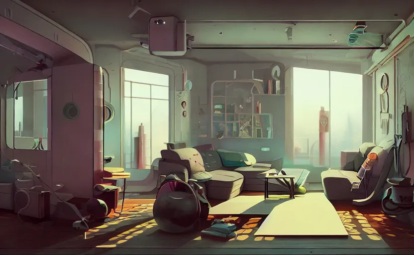 Image similar to Interior shot of a futuristic cozy studio apartment by Petros Afshar and Beeple, James Gilleard, Mark Ryden, Wolfgang Lettl highly detailed