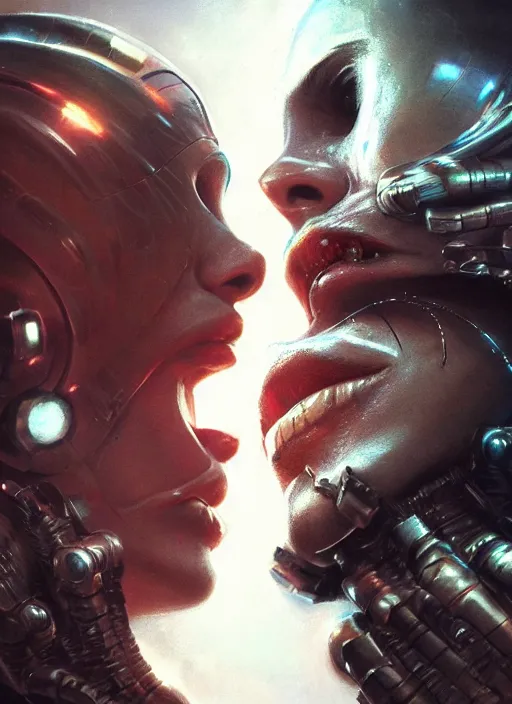 Prompt: ultra realistic close - up of a couple of cyborgs kissing, lovers, faces, cyberpunk, sci - fi, fantasy, led color, flare, soft light, night, highly detailed, digital painting, concept art, sharp focus, illustration, art by artgerm and greg rutkowski and h. r. giger,